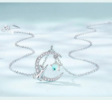Alibaba - bamoer Necklace sterling silver Cat in Moon Reaching for Star Necklace 925 Sterling Silver 18" adj. Chain
